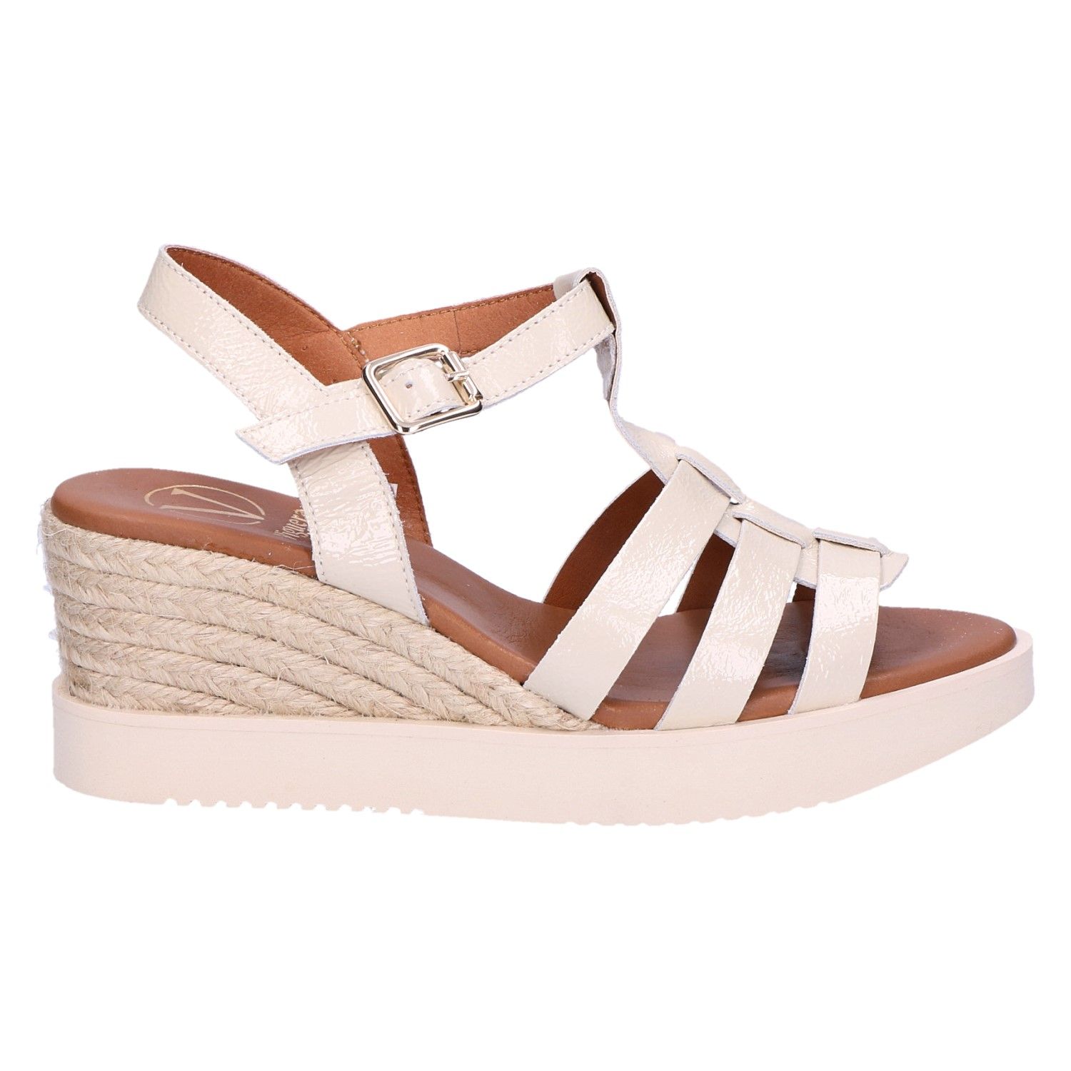Viguera 1930 Sandaal sleehak creme lak 6 cm met artikelnummer 1930-creme  verkrijgbaar bij Beurskens schoenmode.